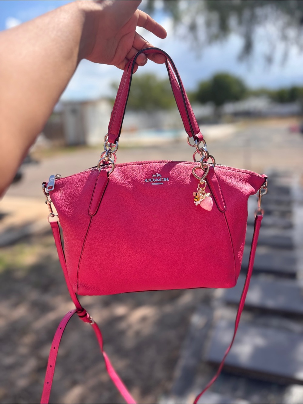 COACH Hot Pink Pebbled Leather Shoulder Bag with Charm